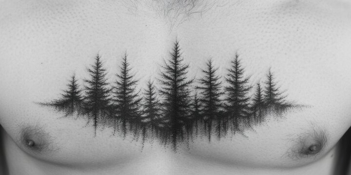 Intricate forest tattoo design on chest showcasing the beauty of nature in stylish body art