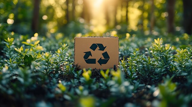 A recycle sign on cardboard in nature symbolizes environmental awareness, sustainability, and Earth Day initiatives