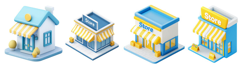 A collection of stylized buildings representing different types of stores and homes.