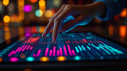 Fototapeta premium Digital Touch: A close-up shot of a hand navigating a tablet screen with colorful data visualizations in the background, highlighting the power of technology in the modern world. 