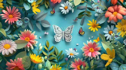 Obraz premium Spring greeting in modern typography, surrounded by fresh blooms and a butterfly, bright and cheerful design