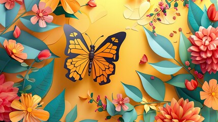 Stylish spring greeting typography with a butterfly and vibrant blooms, cheerful and fresh design