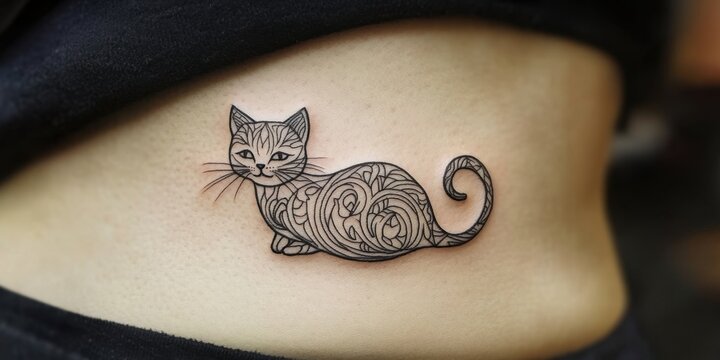 Elegant cat tattoo design featuring intricate line work on skin in a modern artistic style
