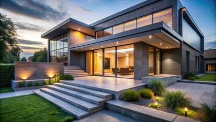 Low Light Modern Home Exterior - Sleek Grey Cladding, Minimalist Design, Concrete Steps