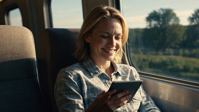 Woman Reading on Train: A smiling woman enjoys a relaxing train journey, engrossed in her ebook reader. Sunlight streams through the window, painting a warm glow across her face.  