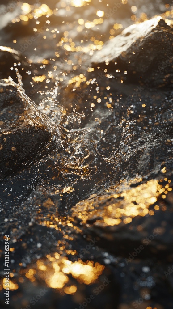 Poster Water from a mocha river dances over rocky surfaces, reflecting the brilliant glow of the setting sun, creating an enchanting display of splashes and glimmers