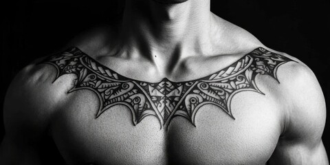Intricate tribal tattoo design adorning the chest of a muscular figure against a dark backdrop