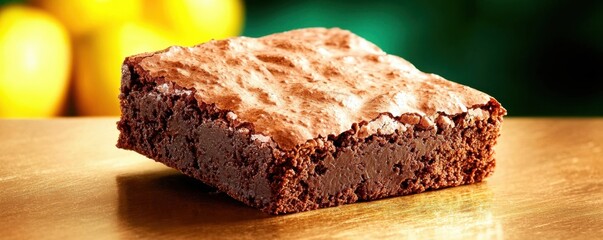 The rich, fudgy brownie, coated in a glossy layer of decadent chocolate, tumbles gracefully onto the table, its luscious texture and irresistible aroma inviting you to indulge in its sinful goodness.