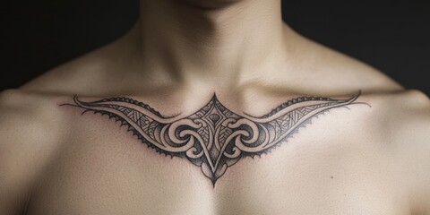 Intricate tribal tattoo design displayed on a person\'s chest showcasing artful craftsmanship and cultural significance