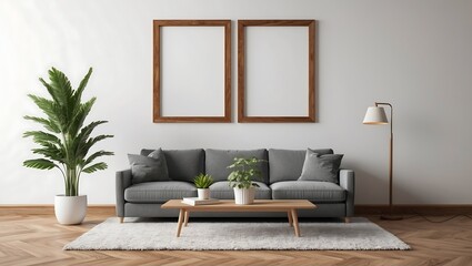 Living room interior with two empty white posters on wall, grey sofa oak wooden parquet floor,...