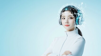 Woman in headphones with digital elements, symbolizing technology.