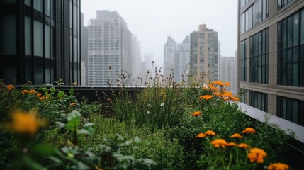 Fototapeta premium A city rooftop garden blooms with vibrant orange flowers amidst the hazy skyline, blending urban architecture with nature’s vivid hues.