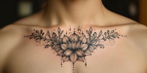 Intricate floral tattoo design on a person\'s chest showcasing artistry and self-expression
