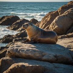 Fototapeta premium A sea lion lounging on a rock in the sunlight.