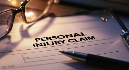 Personal injury claim document with pen and glasses on table
