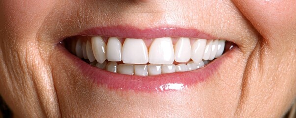 Fototapeta premium An elderly woman exudes confidence and contentment as she proudly flaunts her flawless set of porcelain veneers in a radiant smile