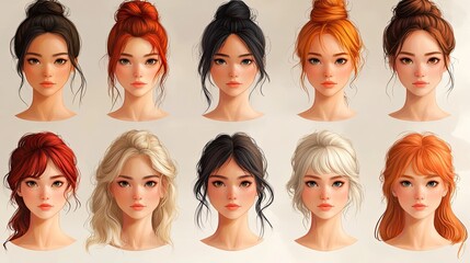 A set of circular avatar icons with various skin tones and hairstyles in soft pastel colors