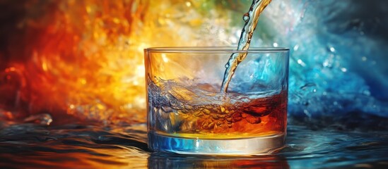 A close up of whiskey pouring into a glass.  The background is blurry and shows both flames and water.