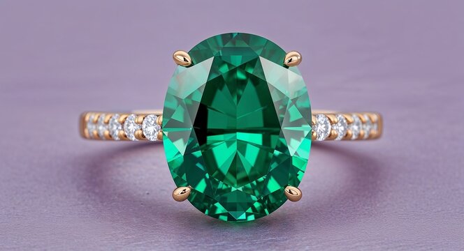 Oval emerald rich green brilliance radiant shine on a light lavender background