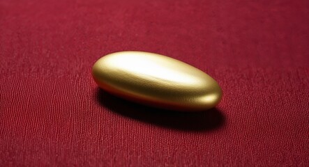 Oval gold nugget elongated smooth finish glowing brightly on a crimson background