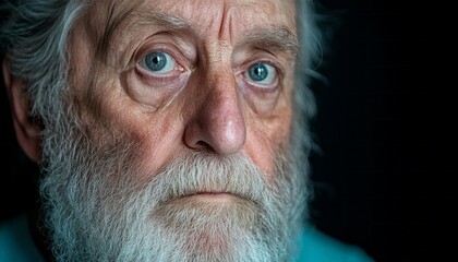 An elderly man with a white beard and blue eyes reflects deeply, radiating wisdom