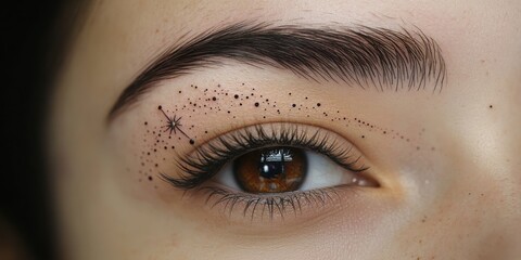 Fototapeta premium Unique eye makeup art featuring intricate dot patterns, sparkles, and a natural look showcasing creativity and individual style