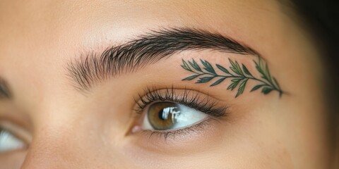 Naklejka premium Intricate leaf tattoo design adorning the eyebrow of a young woman highlighting natural beauty and artistry