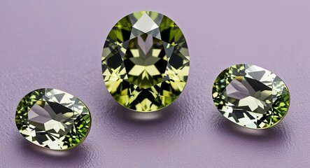 Fototapeta premium Oval peridot fresh green brilliance sparkling clarity on a soft lavender background
