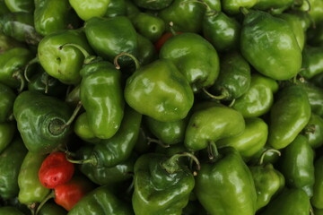 green and red peppers on market stall