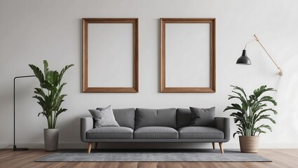 White gray and canvas frame living room interior with tea table, plants and decor. illustration...