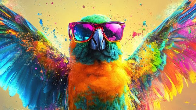 Colorful parrot with sunglasses, vivid paint splashes, vibrant bird art