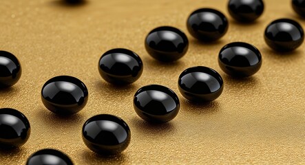 Round black spinel jet black brilliance smooth polished finish on a gold background