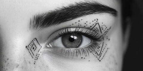 Obraz premium Intricate patterns adorn the skin around the eye, showcasing a unique blend of artistry and emotion in black and white