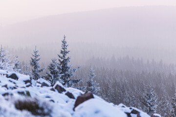 Sunset over a beautiful white winter landscape