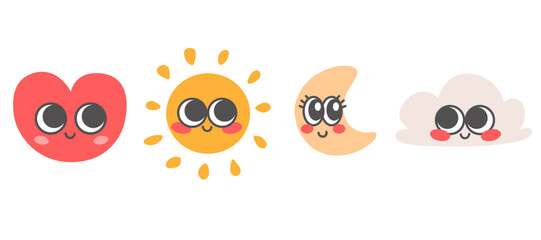 Cute mascot design elements vector illustration. Heart, sun, moon, cloud characters isolated on white background