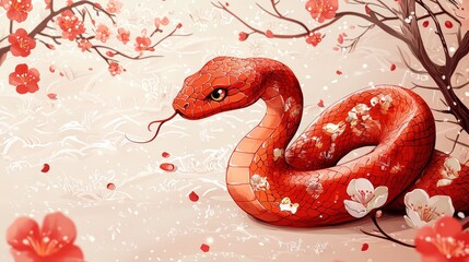 Obraz premium Red snake among blooming flowers