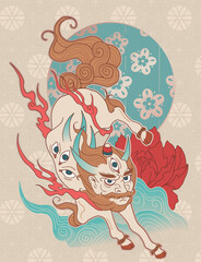 abstract illustration mythological creature Hakutaku, chimerical beasts, white ox in minimalist asian style, with ornaments and waves