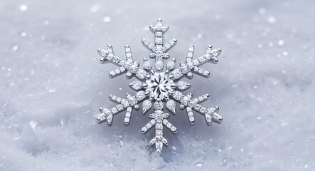 Snowflake shaped diamond intricate icy sparkle on a frost white background