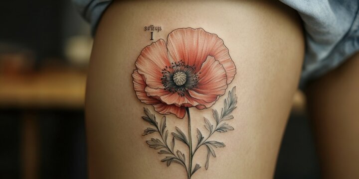 Intricate floral tattoo of a poppy with delicate leaves on the thigh, showcasing artistry and personal expression in body ink