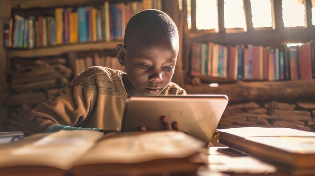 A child is engrossed in a tablet, surrounded by books in a sunlit, inviting room of learning, symbolizing a blend of digital and traditional knowledge.