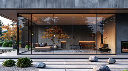 Entrance of a luxurious rooftop bar with panoramic city views, frameless glass doors with automated sliding feature. Generative AI.