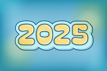 Soft yellow 90's comic retro halftone 2025 text effect poster with party vibes perfect for New Year's Eve, end of year parties, flyers, ads, and social media use