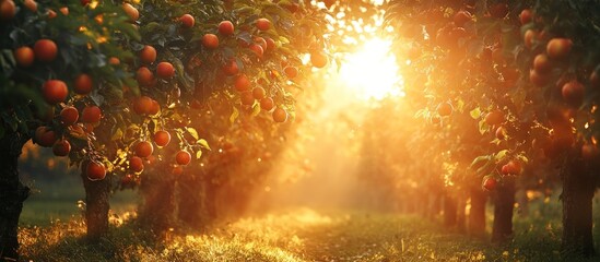 Obraz premium Sunbeams illuminate rows of apple trees laden with fruit, creating a golden glow in a picturesque orchard.