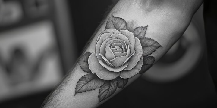 Intricate black and white tattoo of a rose with detailed leaves on an arm showcasing artistry and elegance