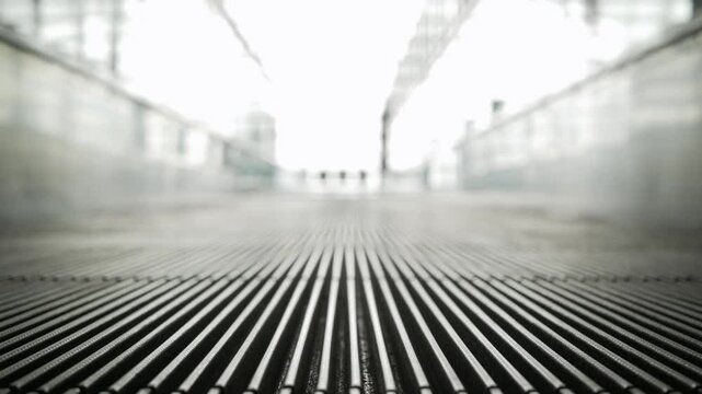 low angle view on moving escalator in the airport while moving operating in modern airport terminal leads to departure gate.Electric escalator in metro airport terminal
