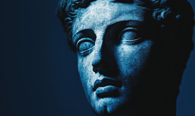 Dramatic Blue Toned Classical Sculpture Close-Up in Mysterious Lighting