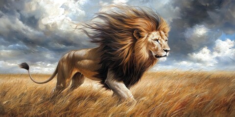 Naklejka premium Majestic lion running through tall grass under a dramatic sky.