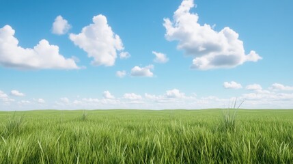 Lush green grass under a bright blue sky with fluffy clouds.