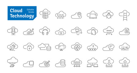 Cloud Computing Line Icons Set. Cloud Infrastructure, Technology, Networking, Database, AI, Communication Icons. Editable Stroke Vector Illustration