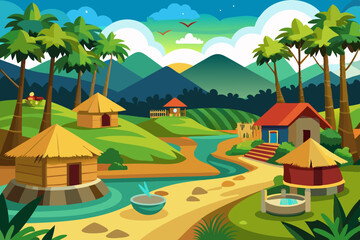 village scenery for 2D animations. landscape with a house